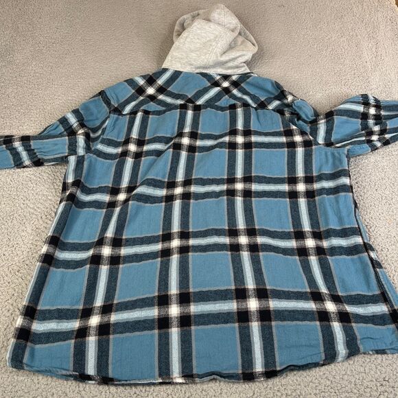 Quiksilver Hooded Flannel Shirt Mens XXL Blue Black Plaid Shacket Button Surf - Picture 6 of 11